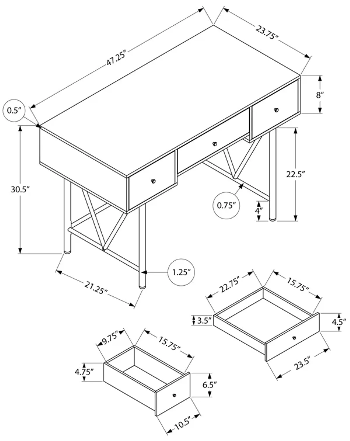 Monarch Specialties I 7671 Computer Desk, Home Office, Laptop, Storage Drawers, 48"L, Work, Metal, Laminate, Brown, Black, Transitional