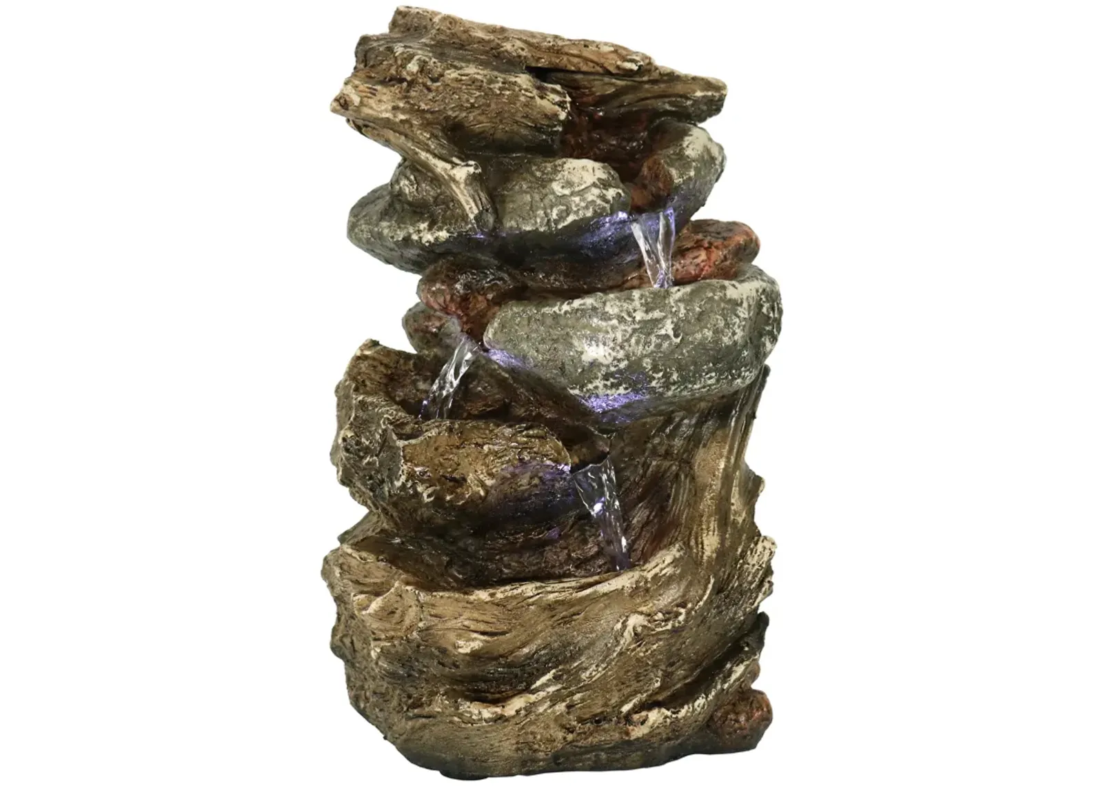 Sunnydaze Tiered Rock and Log Indoor Water Fountain with LEDs - 10.5 in