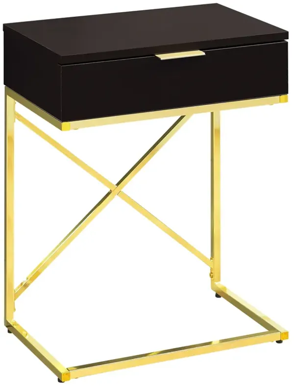 Monarch Specialties I 3476 Accent Table, Side, End, Nightstand, Lamp, Storage Drawer, Living Room, Bedroom, Metal, Laminate, Brown, Gold, Contemporary, Modern