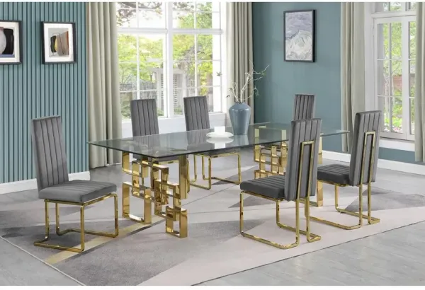 7-piece glam dining set with 6 Dark grey chairs and one 95" glass  table