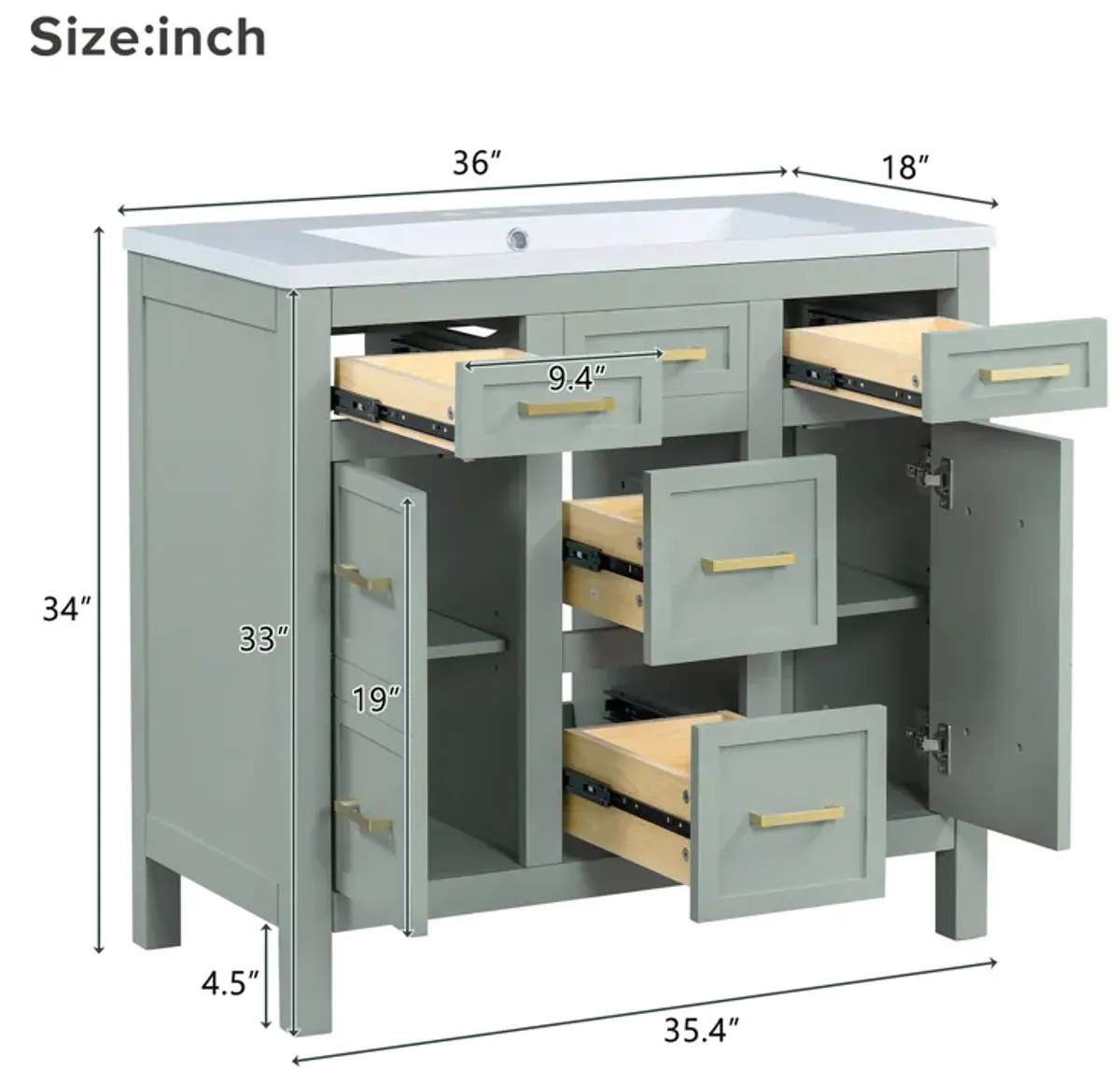 Gewnee 36" Bathroom Vanity Cabinet with Resin Integrated Sink - 4 Drawers, 2 Doors