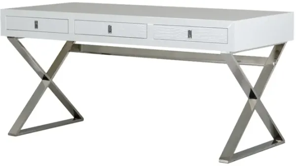 Cyen Office Writing Desk, 57 Inch, White Crocodile Lacquer, 2 Drawers - Benzara