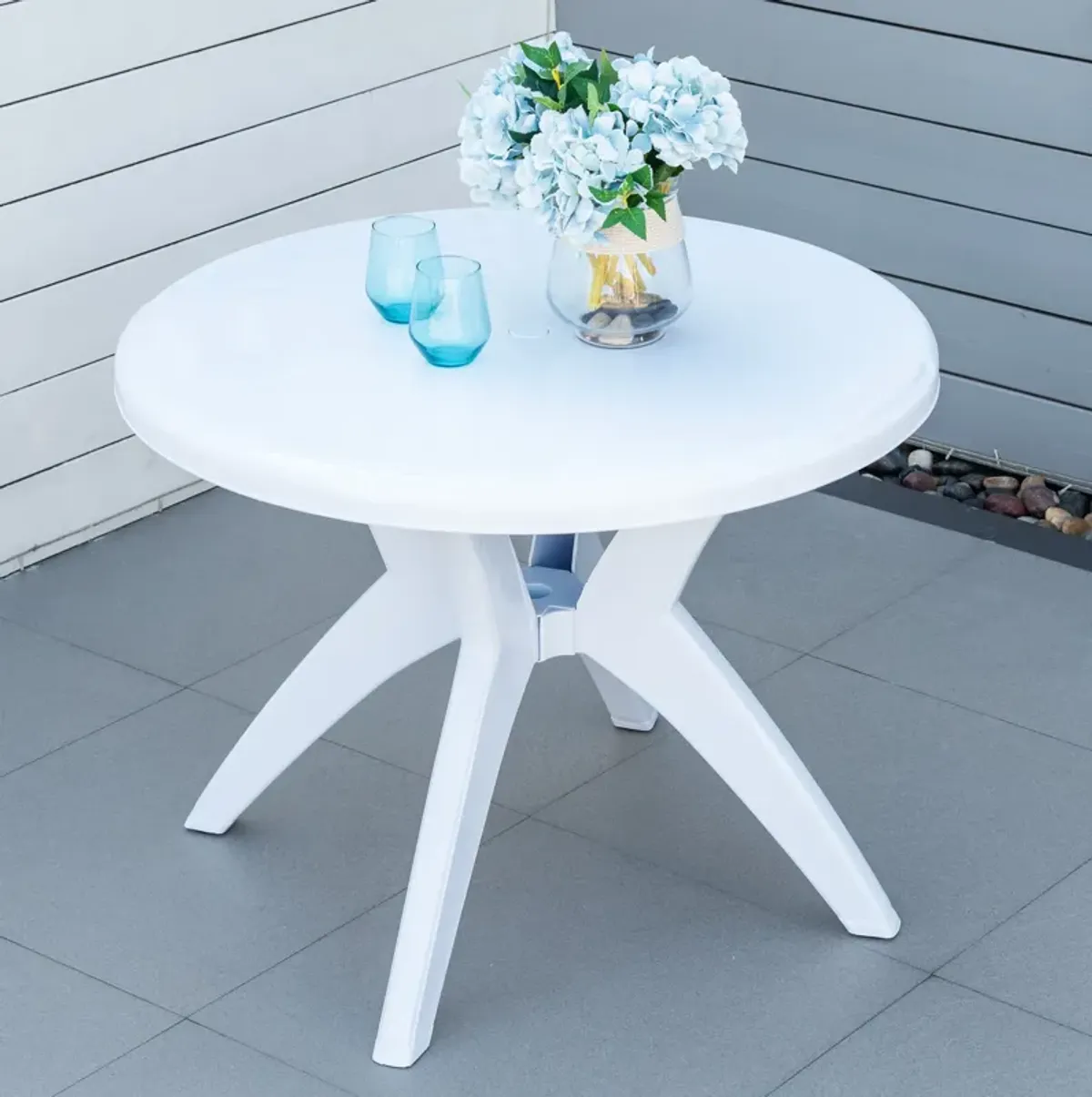 White Patio Table: Round Aluminum Outdoor Bistro Table with Umbrella Hole