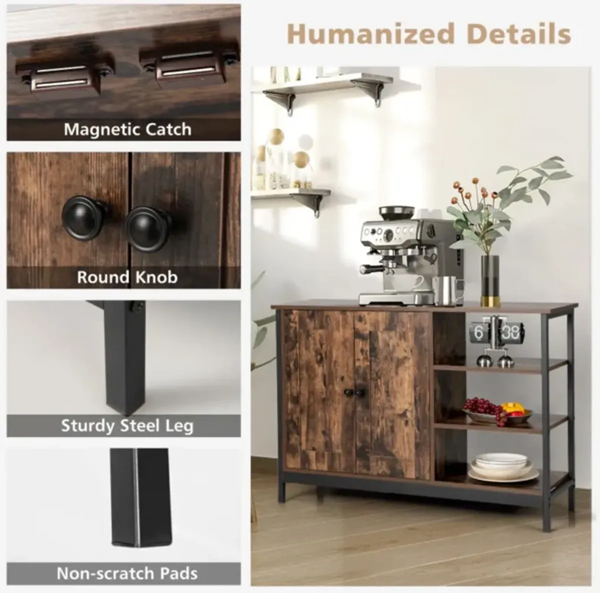 Hivvago Industrial Kitchen Storage Cabinet with Open Shelves-Rustic Brown