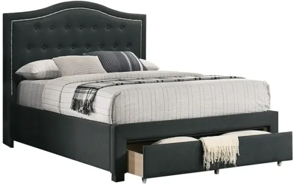 Buk California King Bed, Upholstered Tufted Headboard, Charcoal Burlap  - Benzara