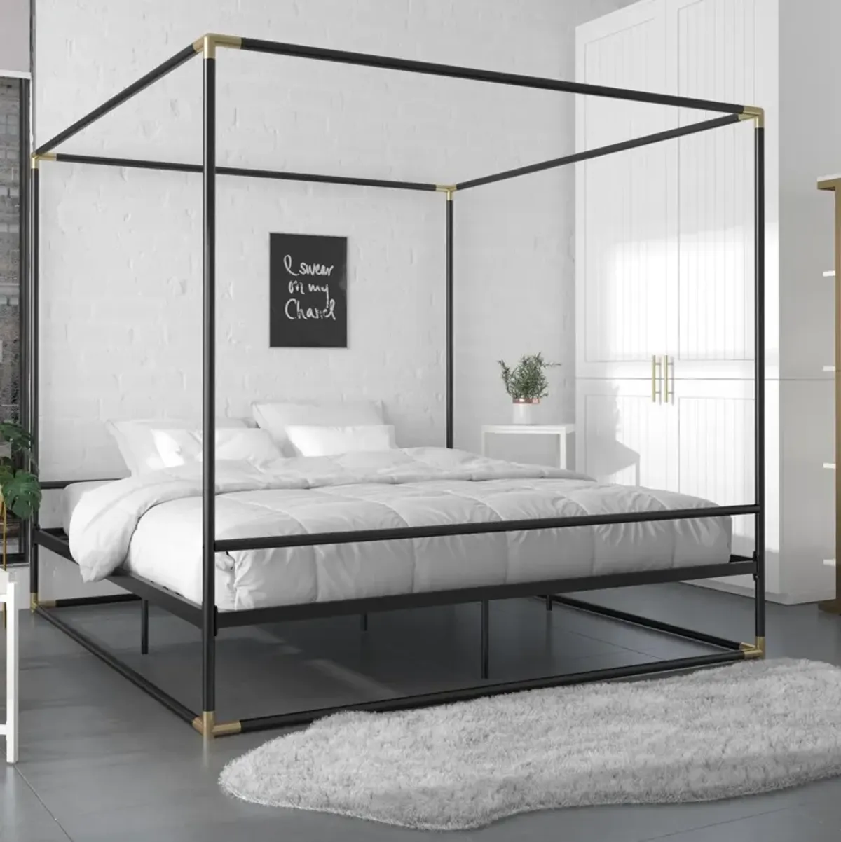 Celeste Canopy Metal Bed, King, Black & Gold