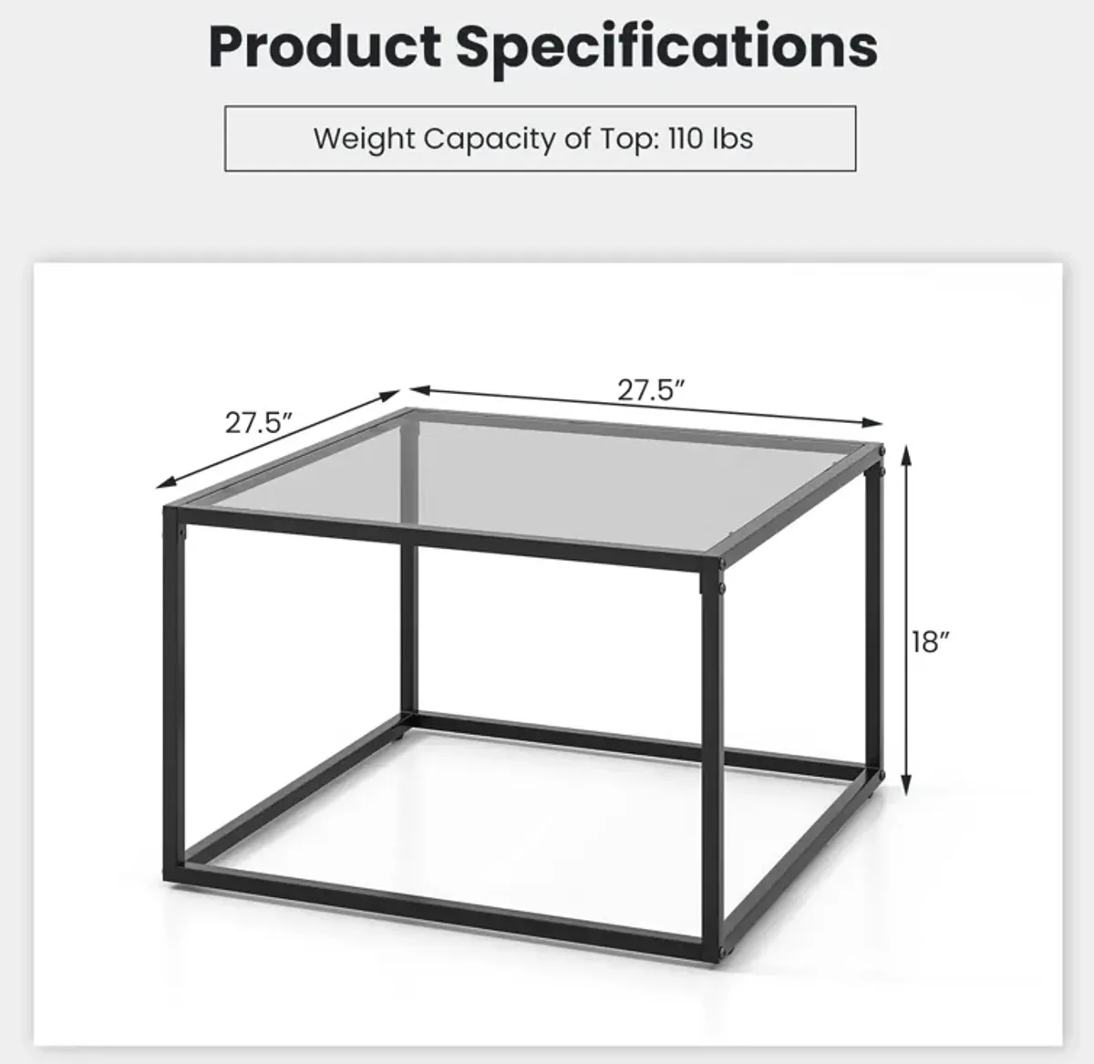 27.5 Inch Home Square Tea Table with Heavy-duty Metal Frame