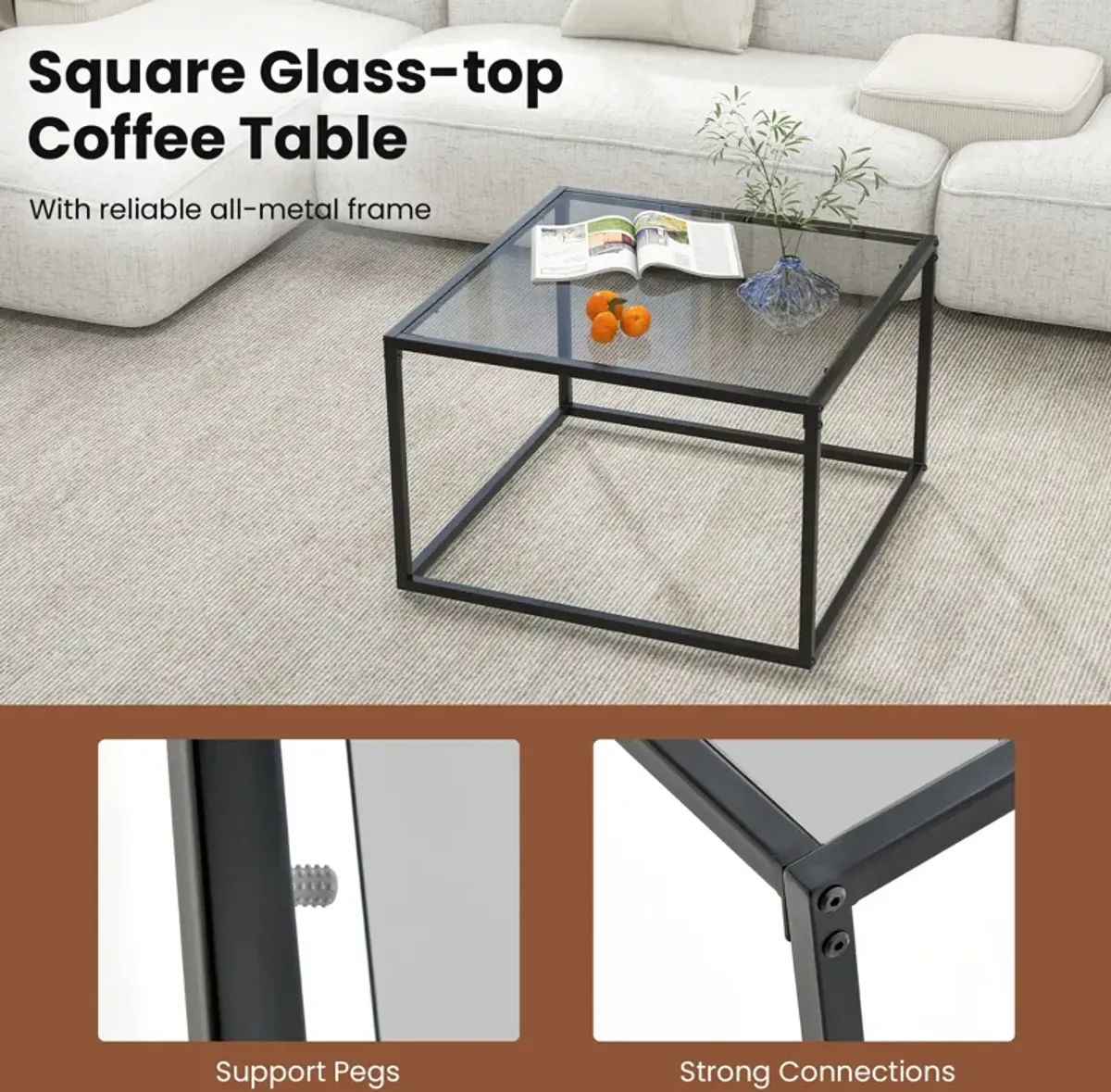 27.5 Inch Home Square Tea Table with Heavy-duty Metal Frame