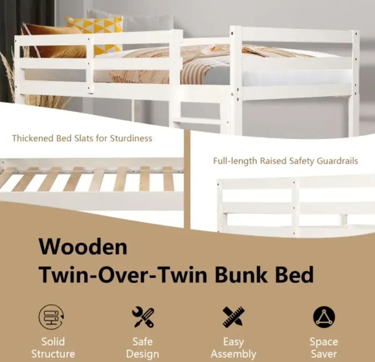 Hivvago Twin Size Sturdy Wooden Bunk Beds with Ladder and Safety Rail