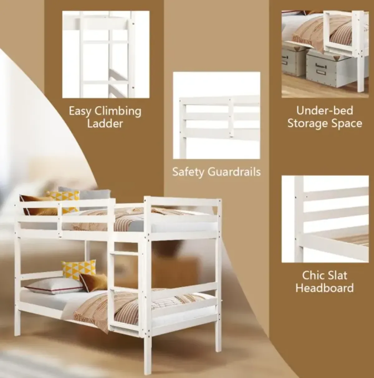 Hivvago Twin Size Sturdy Wooden Bunk Beds with Ladder and Safety Rail