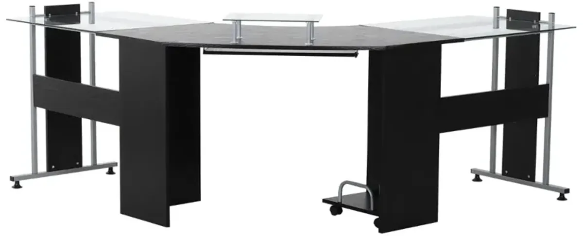 Black Glass Workstation: 69" L-Shaped Desk with Monitor Stand & Keyboard Tray