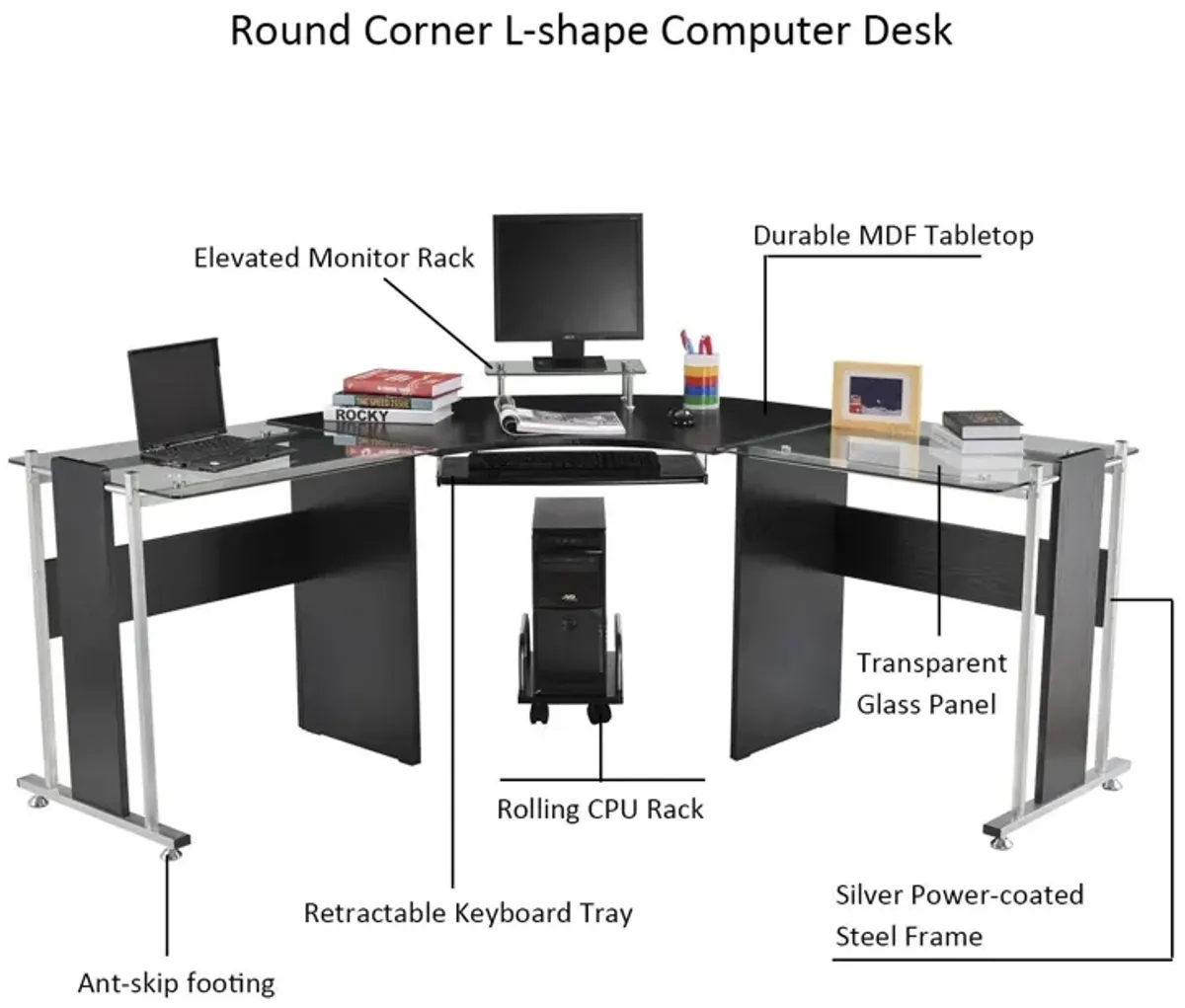 Black Glass Workstation: 69" L-Shaped Desk with Monitor Stand & Keyboard Tray