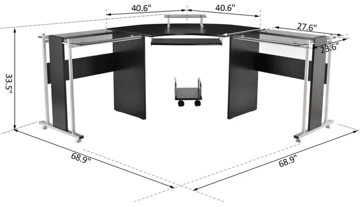 Black Glass Workstation: 69" L-Shaped Desk with Monitor Stand & Keyboard Tray