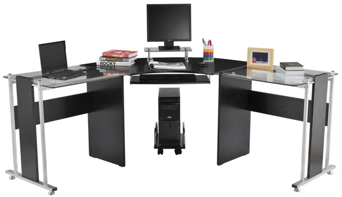 Black Glass Workstation: 69" L-Shaped Desk with Monitor Stand & Keyboard Tray