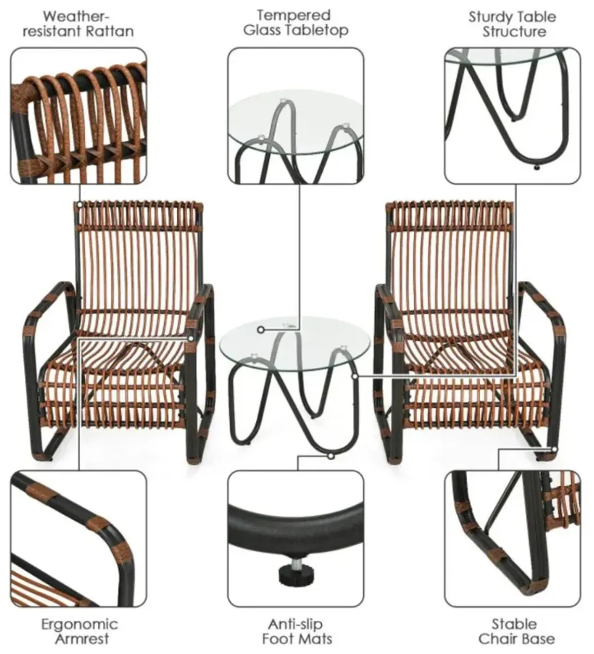 Hivvago 3 Pieces Patio Rattan Furniture Set with 2 Single Wicker Chairs and Glass Side Table