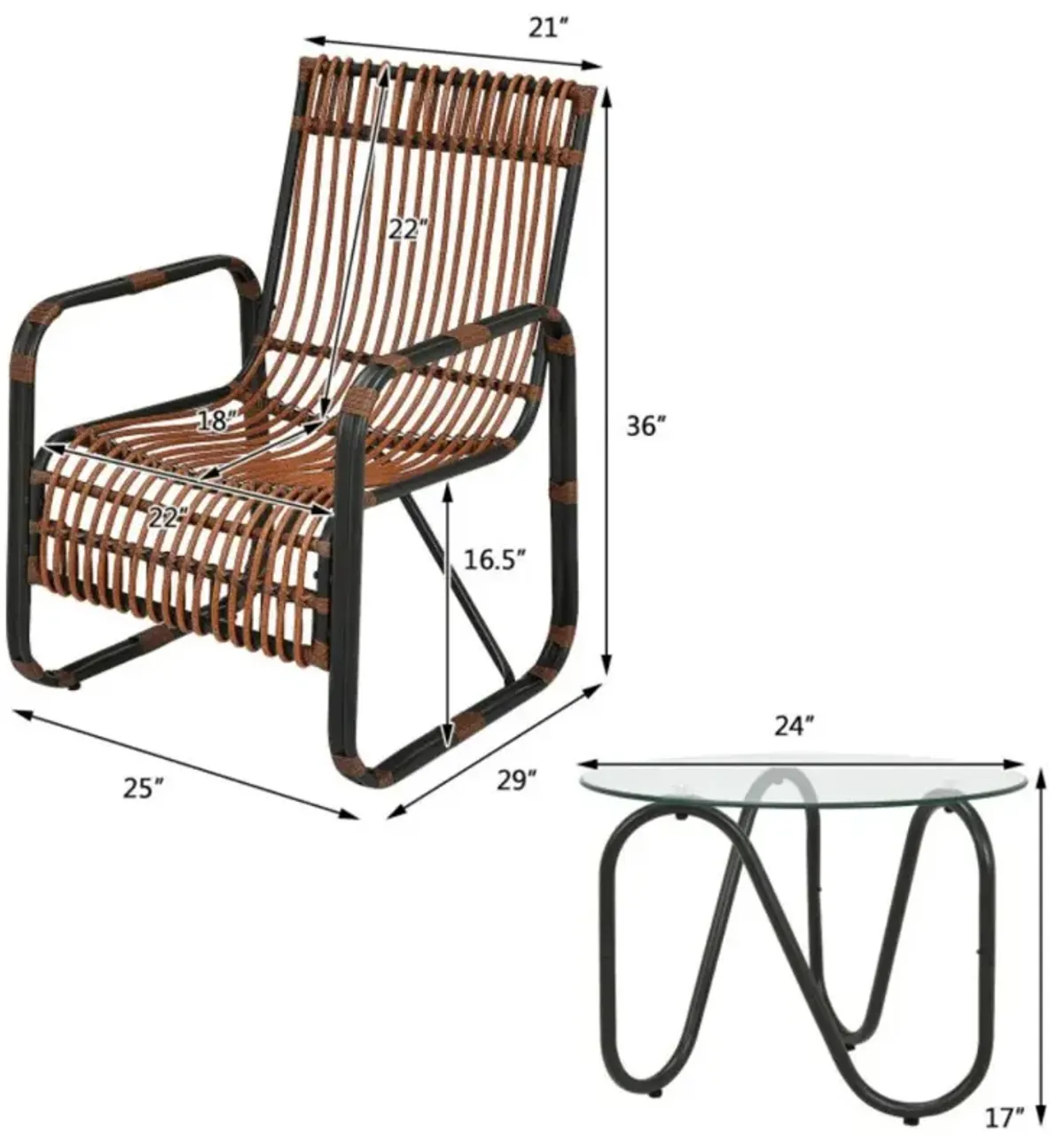 Hivvago 3 Pieces Patio Rattan Furniture Set with 2 Single Wicker Chairs and Glass Side Table