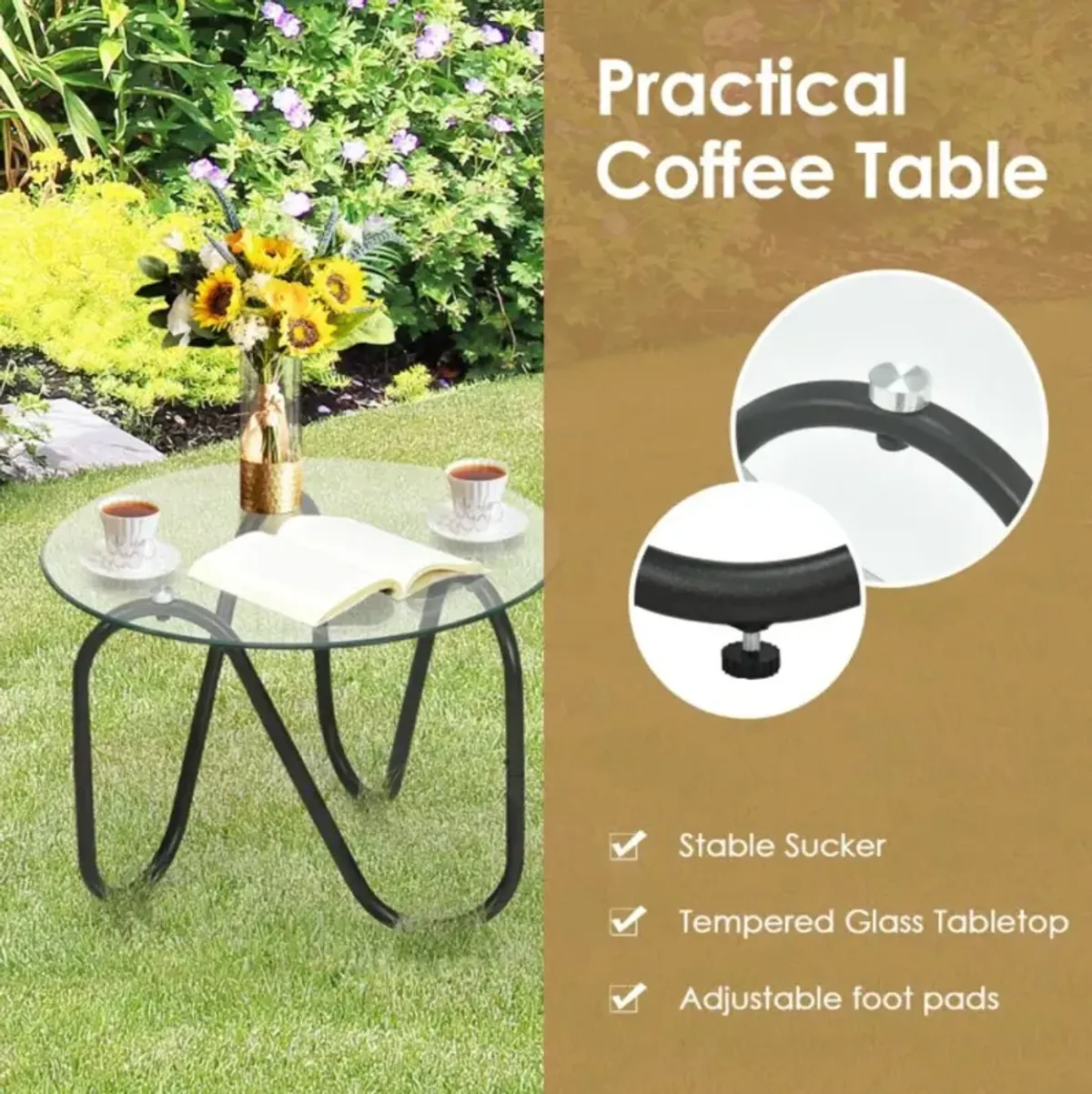 Hivvago 3 Pieces Patio Rattan Furniture Set with 2 Single Wicker Chairs and Glass Side Table