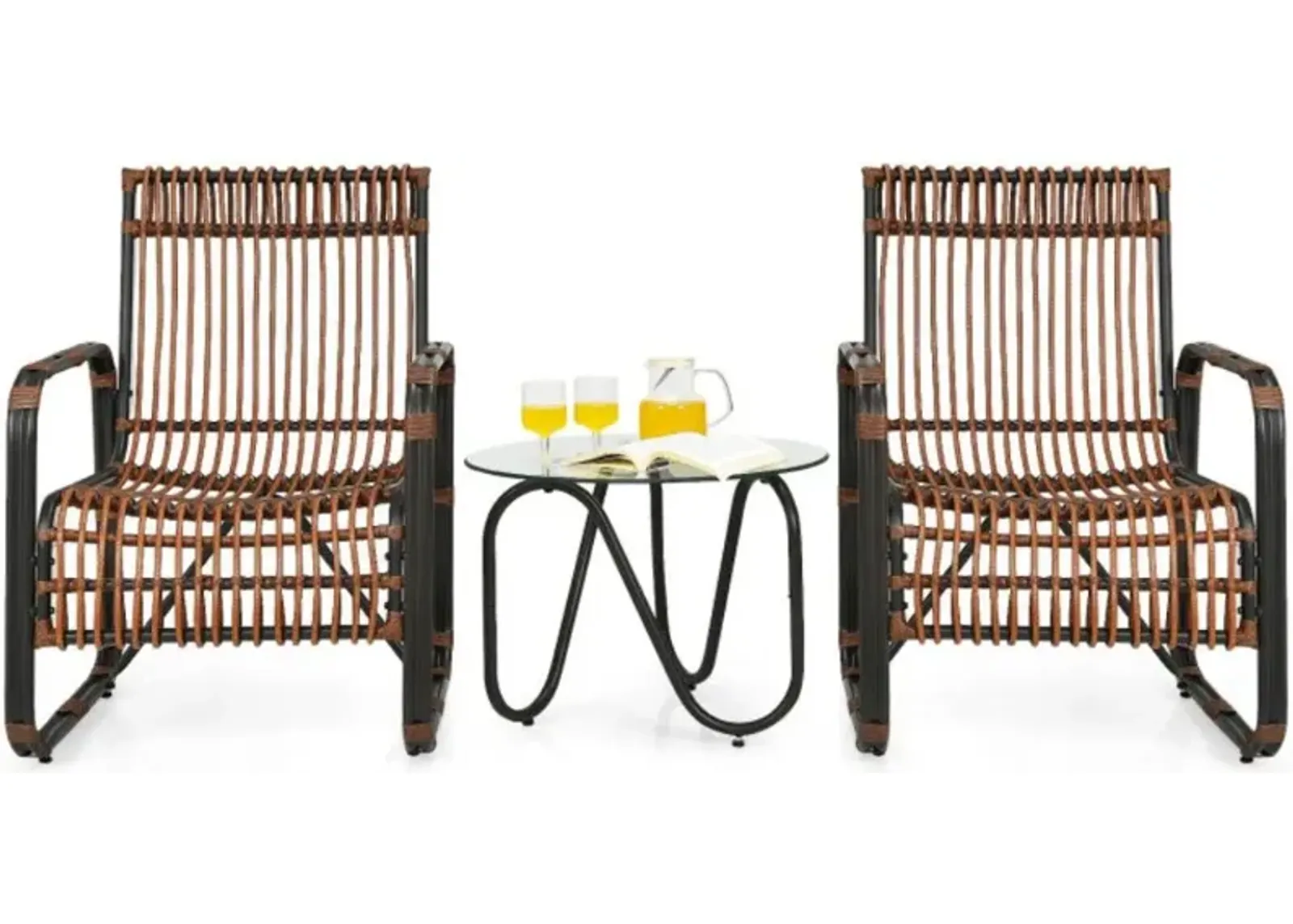 Hivvago 3 Pieces Patio Rattan Furniture Set with 2 Single Wicker Chairs and Glass Side Table