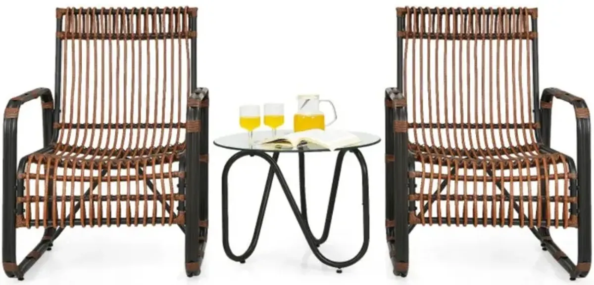 Hivvago 3 Pieces Patio Rattan Furniture Set with 2 Single Wicker Chairs and Glass Side Table