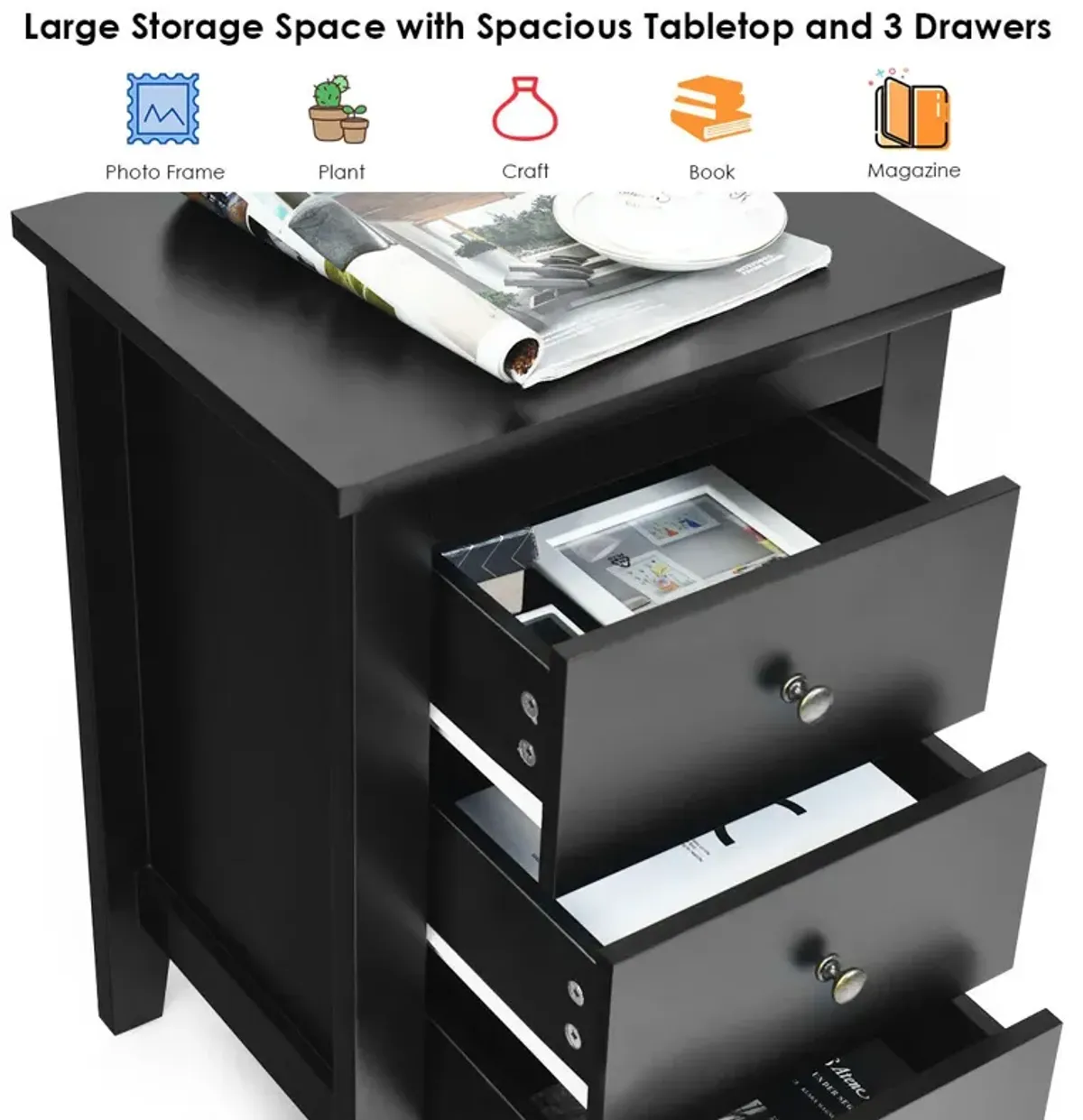 Nightstand End Beside Table Drawers Modern Storage Bedroom Furniture