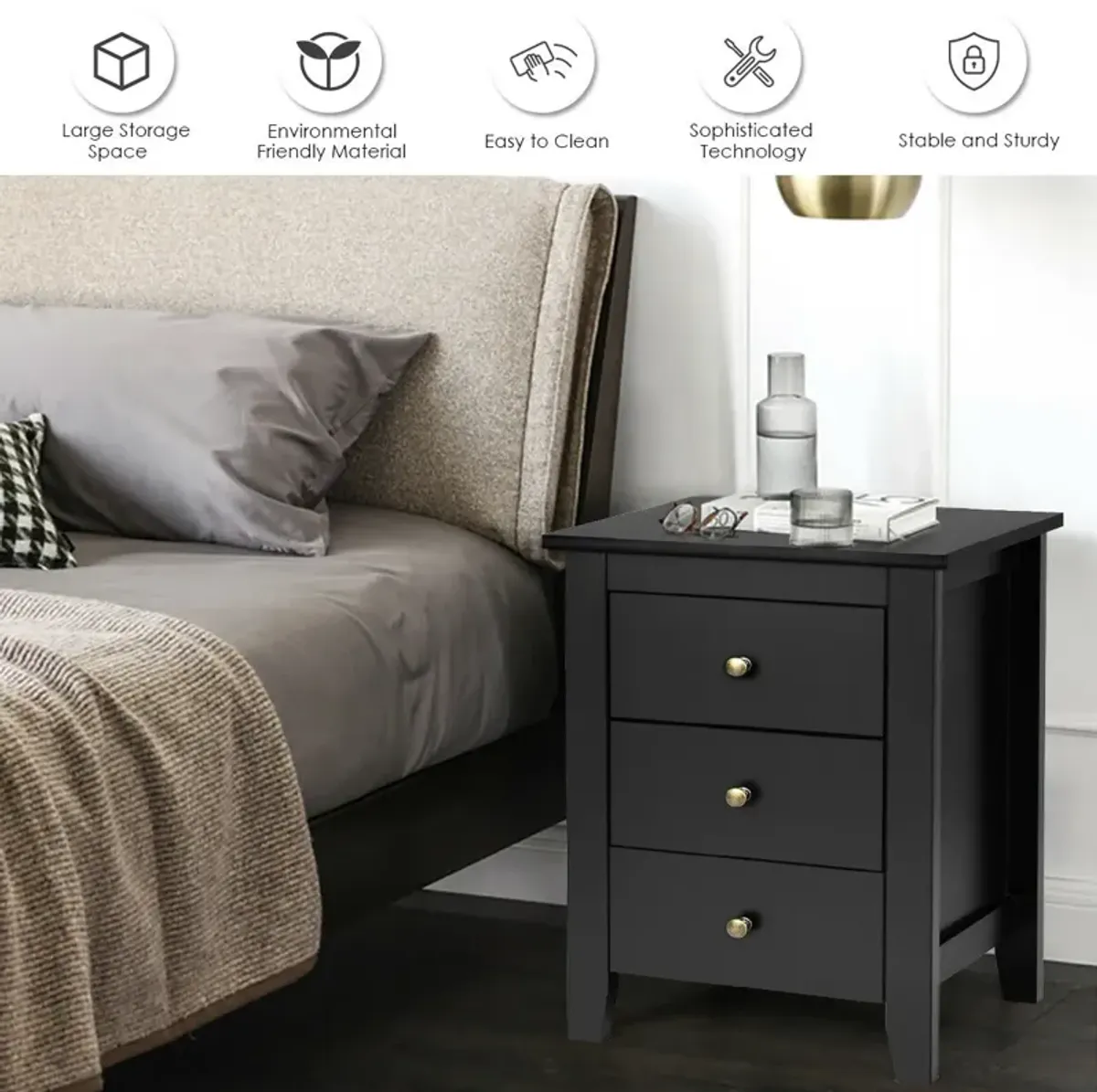 Nightstand End Beside Table Drawers Modern Storage Bedroom Furniture