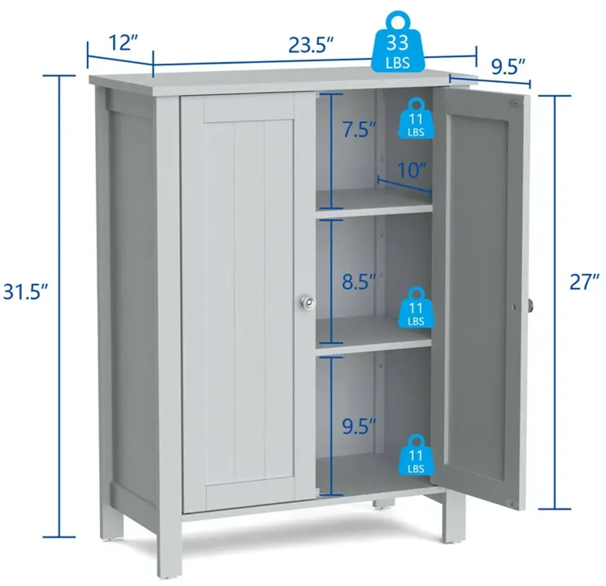 Costway 2-Door Bathroom Floor Storage Cabinet Space Saver Organizer White