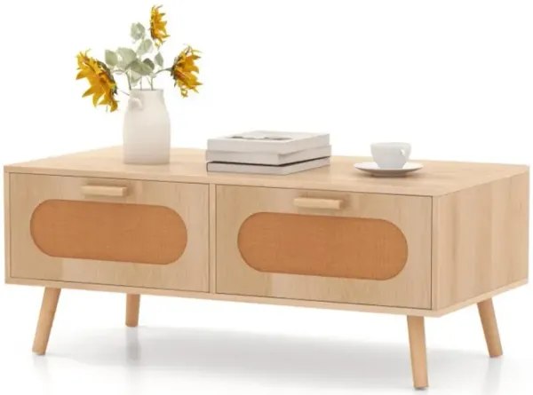 Hivvago Rattan Coffee Table Mid Century Modern Center Table with 2 Storage Drawers