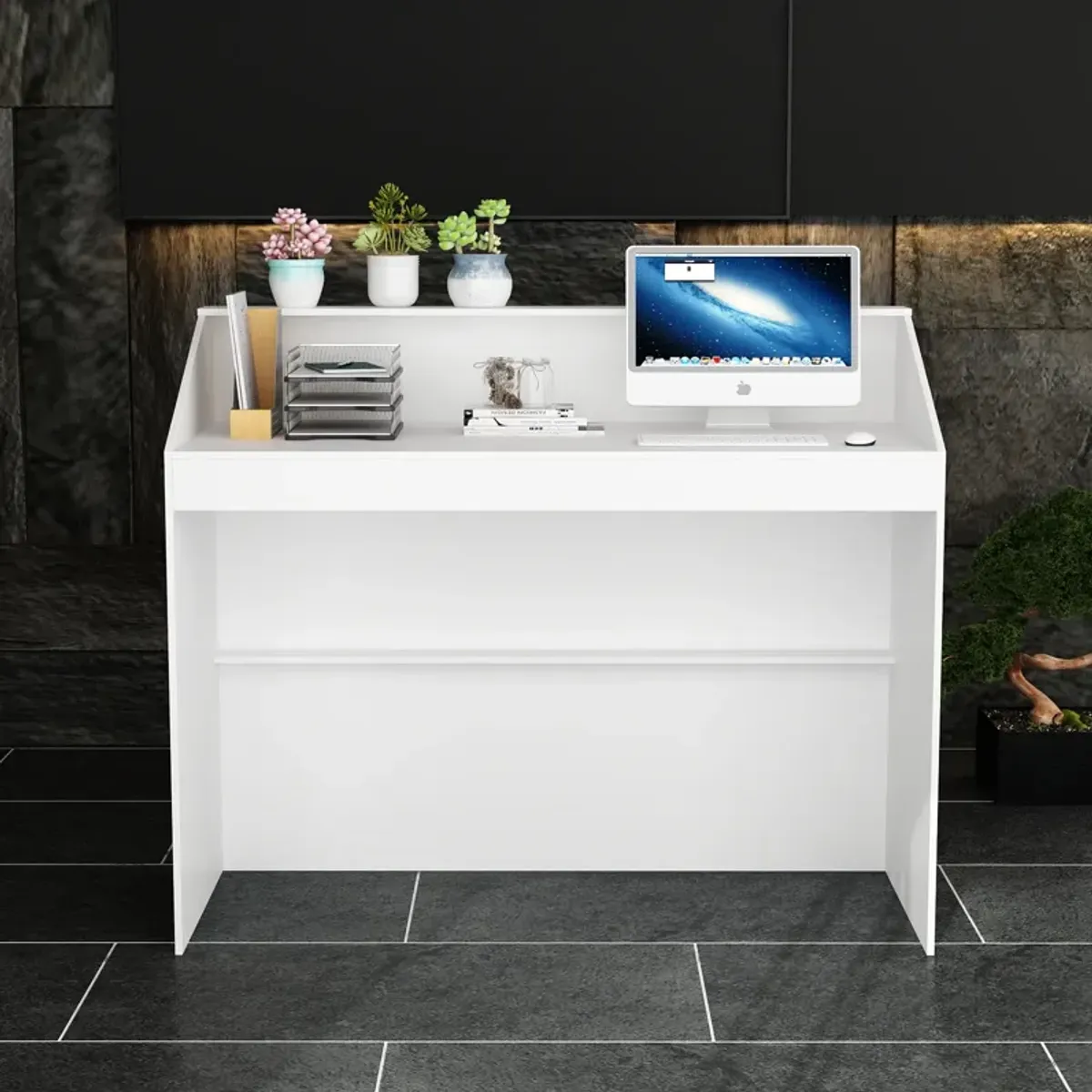 FUFU&GAGA Modern White Desk with Raised Shelf and Spacious Work Surface (47.2" W x 39.4" H x 19.7" D),White