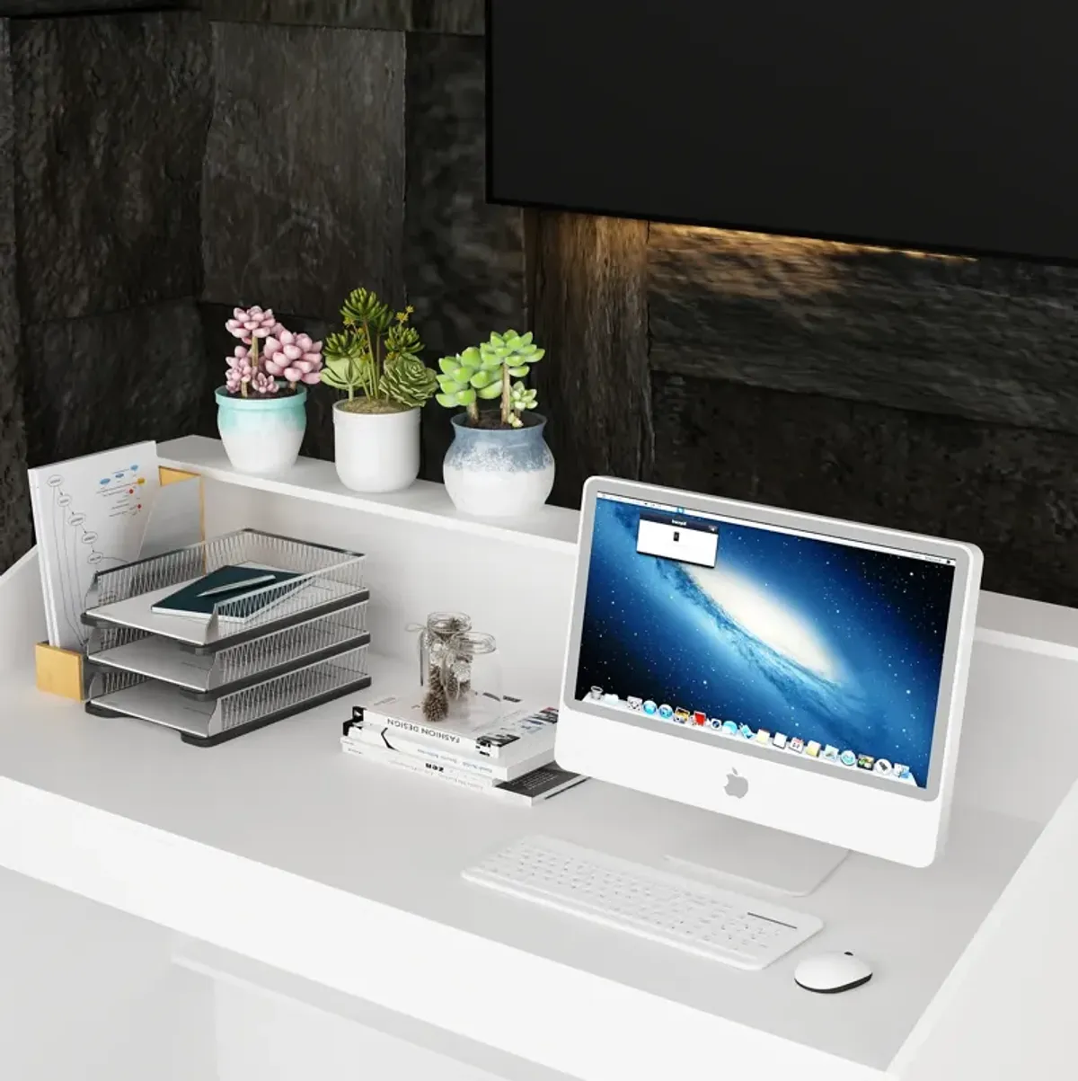 FUFU&GAGA Modern White Desk with Raised Shelf and Spacious Work Surface (47.2" W x 39.4" H x 19.7" D),White