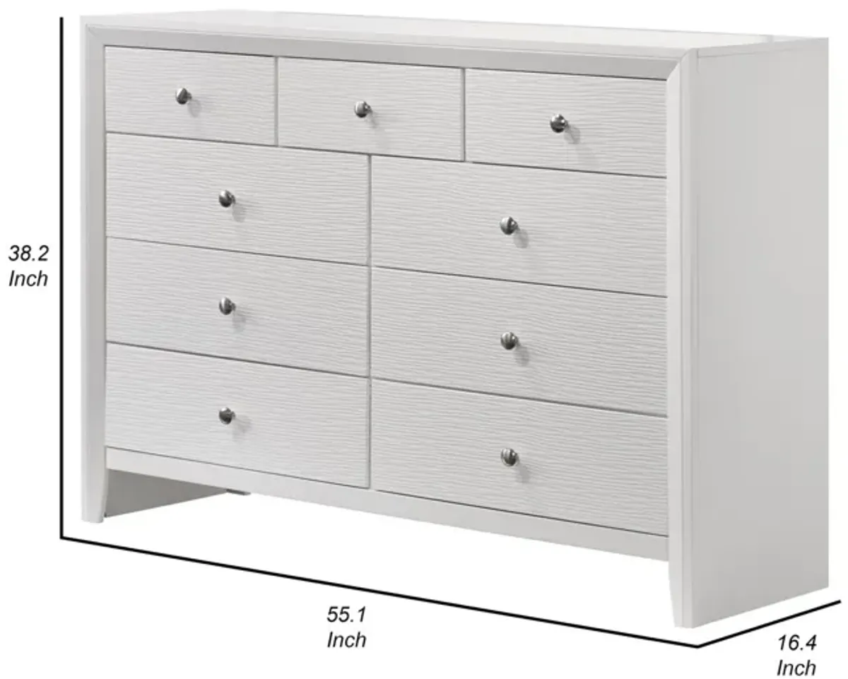 Benjara Eve 55 Inch Wide Dresser with Mirror, 9 Drawers, Metal Handles, Wood, White and Silver