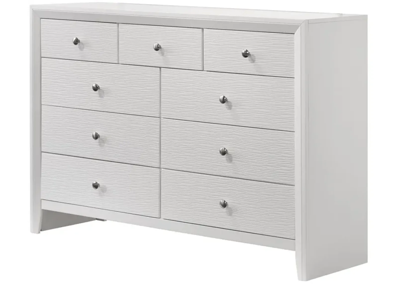 Benjara Eve 55 Inch Wide Dresser with Mirror, 9 Drawers, Metal Handles, Wood, White and Silver