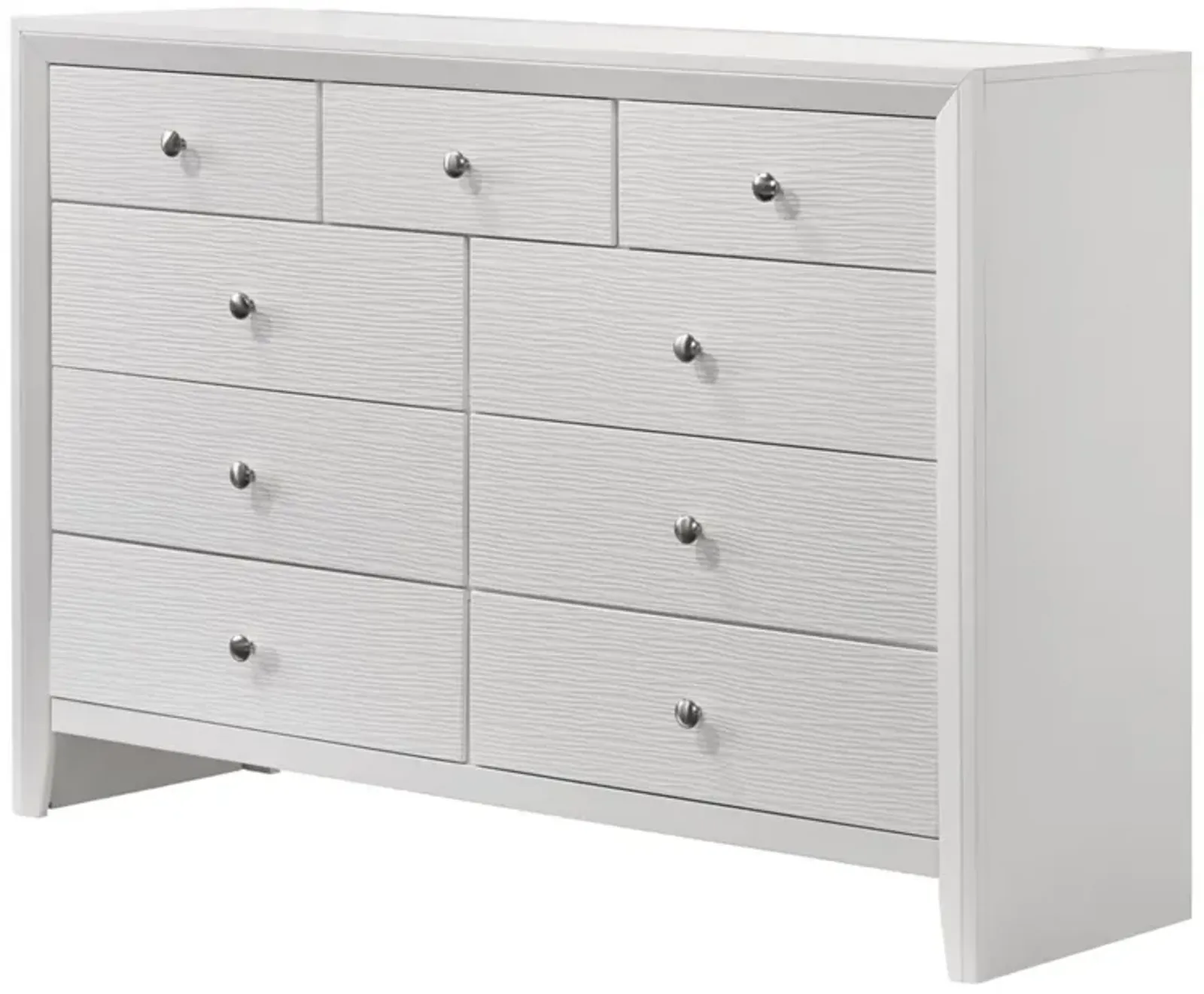 Benjara Eve 55 Inch Wide Dresser with Mirror, 9 Drawers, Metal Handles, Wood, White and Silver