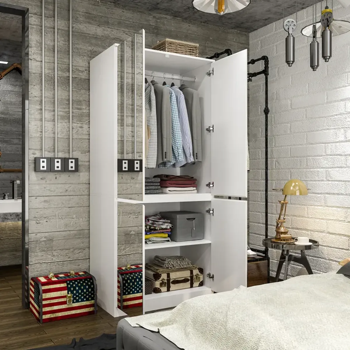 White High Gloss Mirrored Doors 31.5 in. W Wardrobe Armoires W/Mirror Doors, Hanging Rod 70.9 in. H x 15.7 in. D