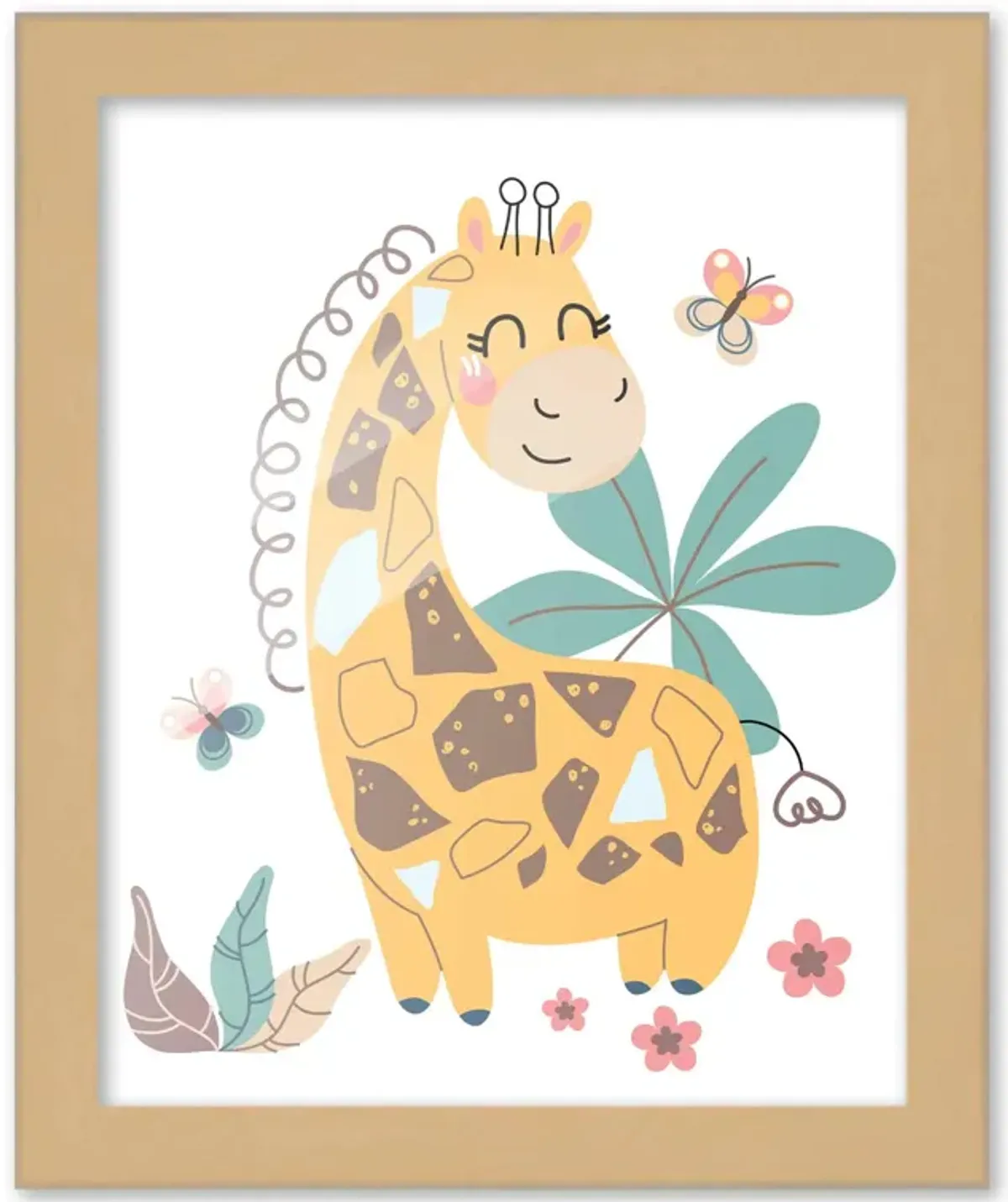 8x10 Framed Nursery Wall Art Boho Safari Giraffe Poster In Natural Wood Frame For Kid Bedroom or Playroom