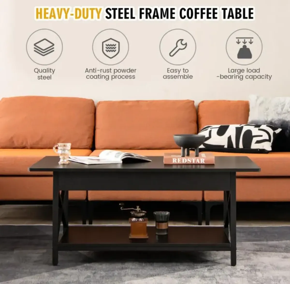 Hivvago 2-Tier Industrial Rectangular Coffee Table with Storage Shelf