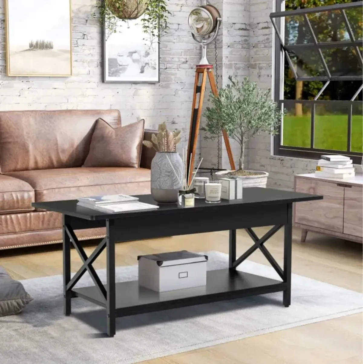 Hivvago 2-Tier Industrial Rectangular Coffee Table with Storage Shelf