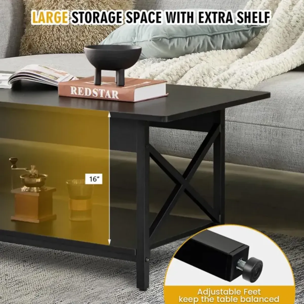 Hivvago 2-Tier Industrial Rectangular Coffee Table with Storage Shelf