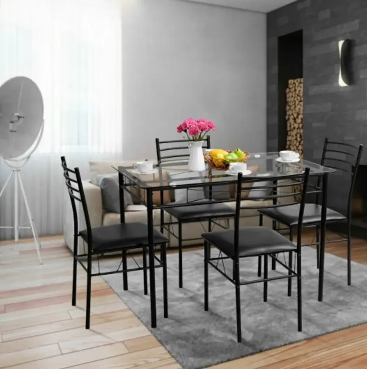 5 pcs Dining Glass Top Table & 4 Upholstered Chairs