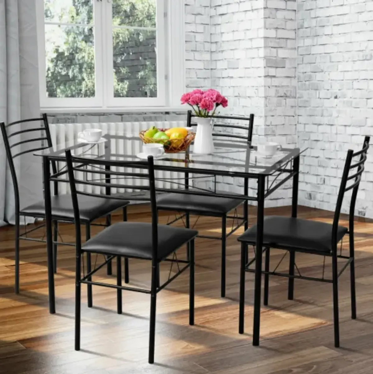 5 pcs Dining Glass Top Table & 4 Upholstered Chairs