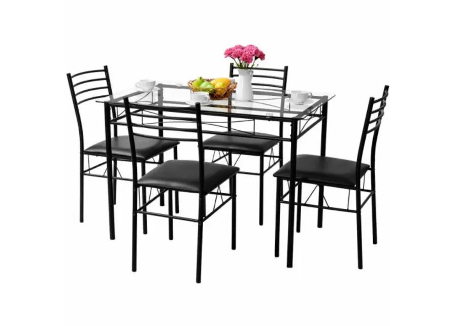 5 pcs Dining Glass Top Table & 4 Upholstered Chairs