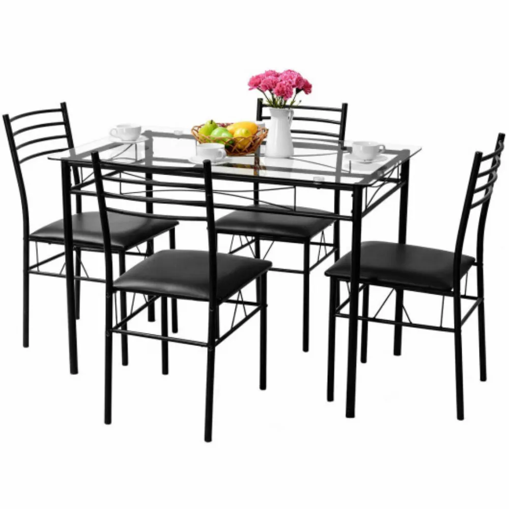 5 pcs Dining Glass Top Table & 4 Upholstered Chairs