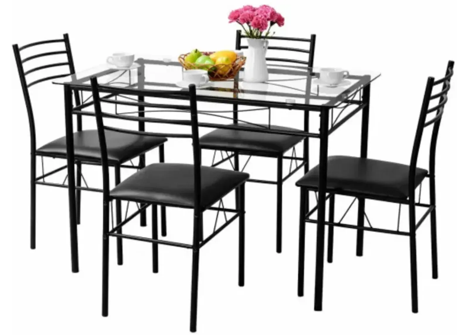 5 pcs Dining Glass Top Table & 4 Upholstered Chairs