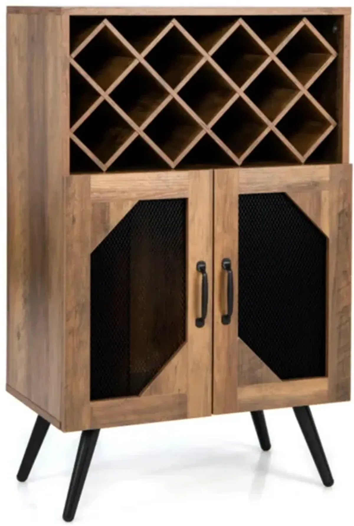 Hivvago 2-Door Farmhouse Kitchen Storage Bar Cabinet with Wine Rack and Glass Holder-Rustic Brown