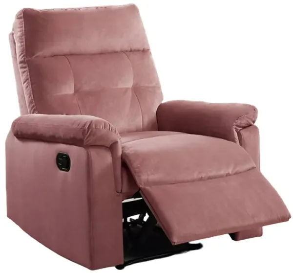 Jessy Manual Recliner Chair, Tufted Cushioned Rose Pink Velvet - Benzara
