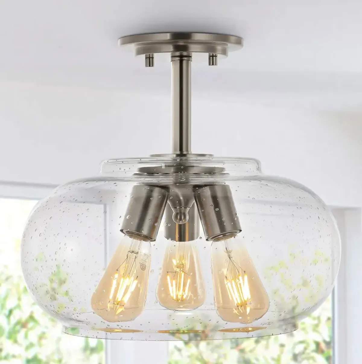 Lina 3-Light Modern Industrial Iron/Seeded Glass LED Semi Flush Mount