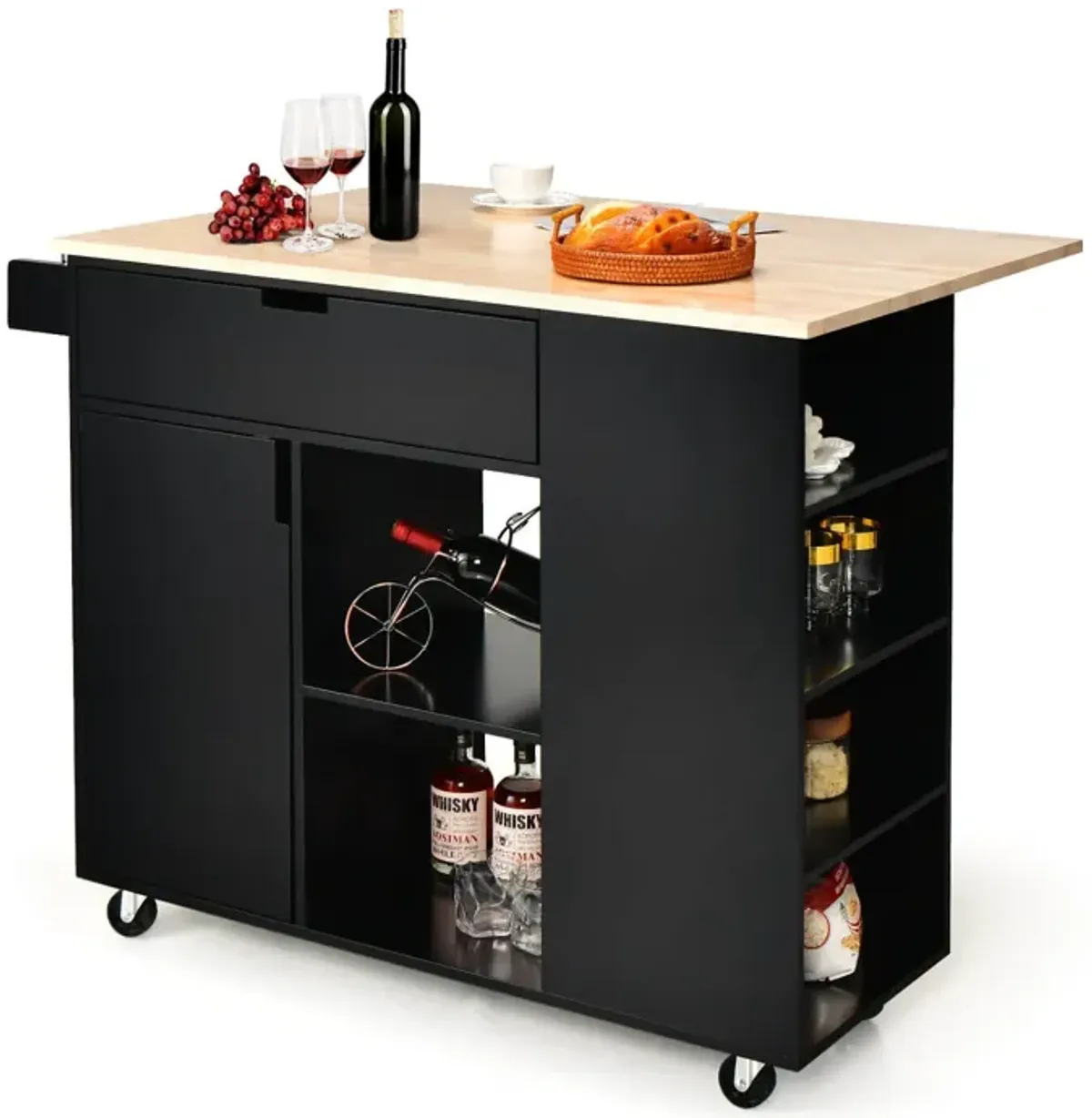 Drop-Leaf Kitchen Island with Rubber Wood Top