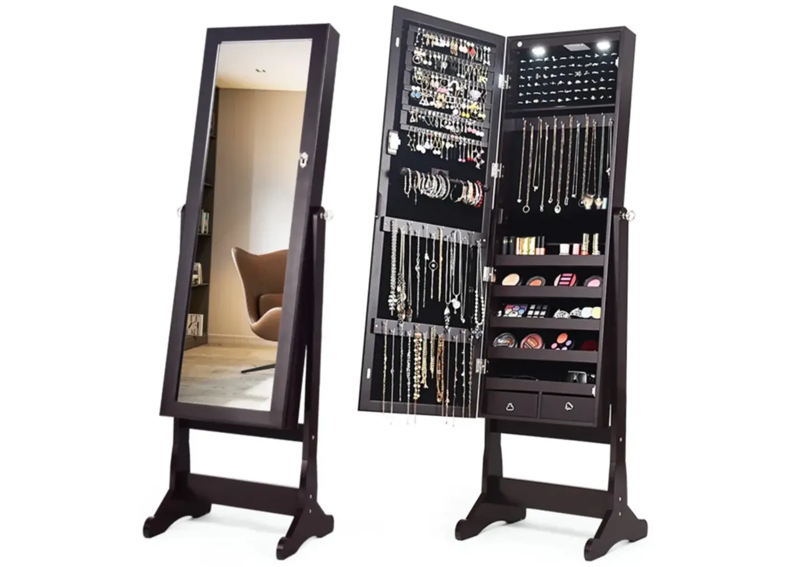 Hivvago Lockable Mirrored Jewelry Cabinet with Stand and Led Lights-Brown