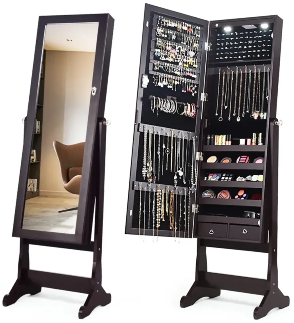 Hivvago Lockable Mirrored Jewelry Cabinet with Stand and Led Lights-Brown