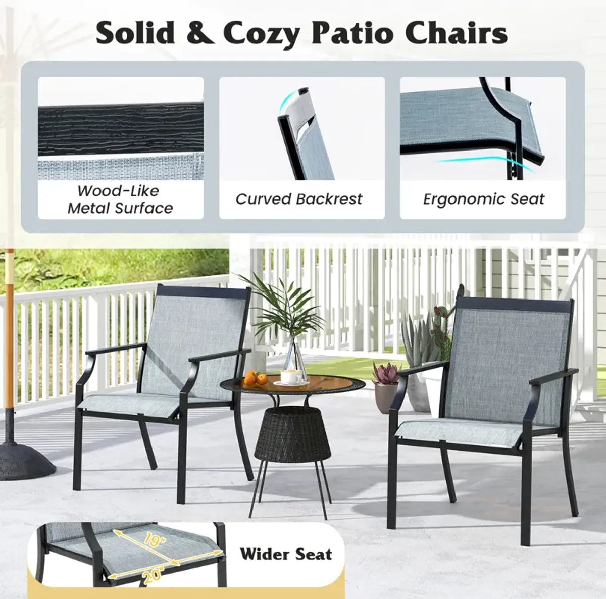 4 Piece Patio Dining Chairs Large Outdoor Chairs with Breathable Seat and Metal Frame