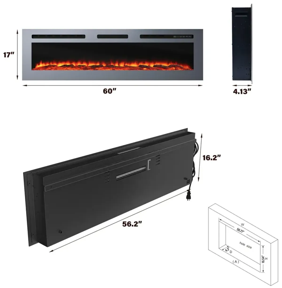 MONDAWE 60 Inch Stainless Steel Recessed Electric Fireplace with Remote Control and Timing Function